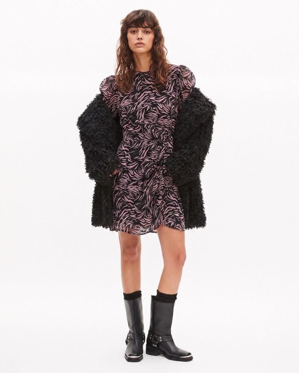 The Kooples Paris Black Pink Zebra Print Ruched Long Sleeve Mini Dress NWOT